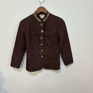 Michael Kors Military Jacket Brown Beaded Collar Linen Blend Size 6
